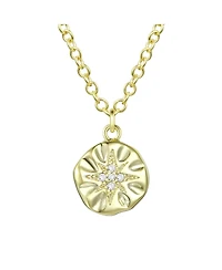 14K Gold Plated With Cubic Zirconia Engraved Round Pendant Necklace