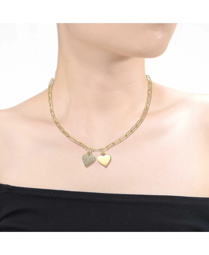 14k Gold Plated Cubic Zirconia Double Heart Pendant Cable Chain Adjustable Necklace