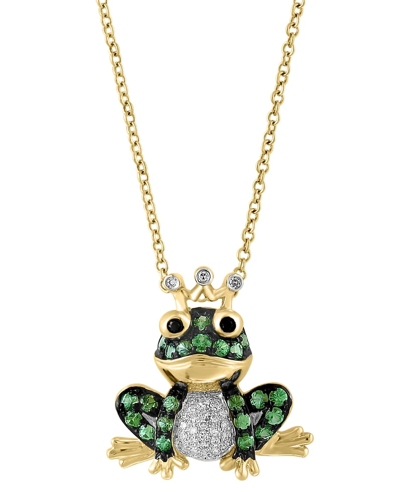 Effy Tsavorite (3/8 ct. t.w.), White Diamond (1/10 ct. t.w.) & Black Diamond Accent Frog Prince 18" Pendant Necklace in 14k Gold