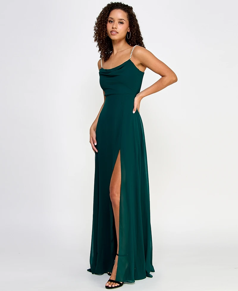 City Studios Juniors' Drape-Neck Faux-Peal-Strap Gown