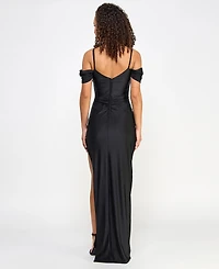 City Studio Juniors' Drape Off-The-Shoulder Side-Slit Gown