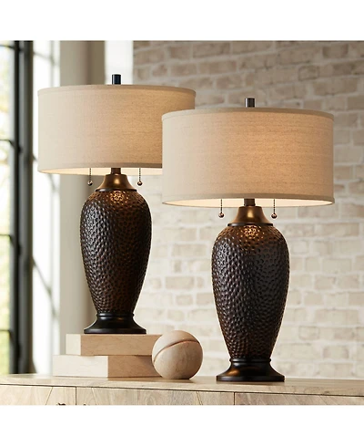 360 Lighting Cody Rustic Farmhouse Table Lamps 26" High Set of 2 Hammered Oiled Bronze Oatmeal Linen Drum Shade for Bedroom Living Room Bedside H