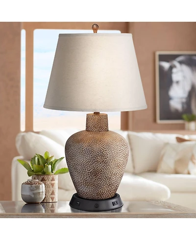 360 Lighting Bentley Rustic Farmhouse Table Lamp 29" Tall Brown Leaf with Dimmable Usb Workstation Base Off White Empire Shade for Bedroom Living