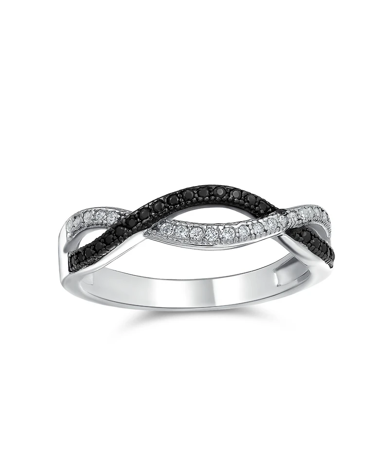 Bling Jewelry Two Tone Black White Cz Twist Knot 1/2 Eternity Clear Pave Cubic Zirconia Infinity Band Ring .925 Sterling Silver