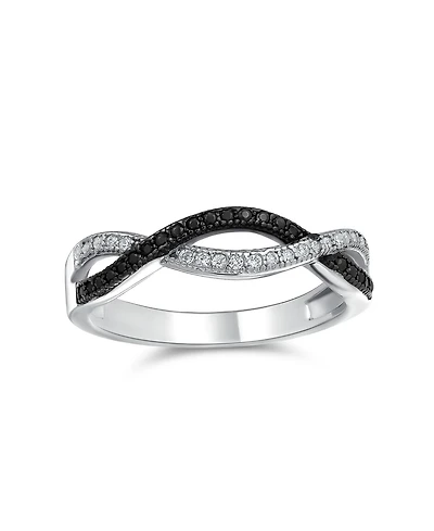 Bling Jewelry Two Tone Black White Cz Twist Knot 1/2 Eternity Clear Pave Cubic Zirconia Infinity Band Ring .925 Sterling Silver