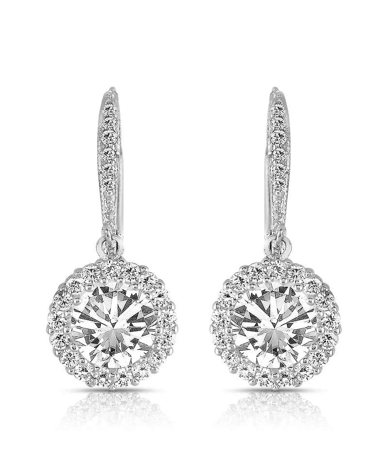 Sterling Silver with White Gold Plated Clear Round Cubic Zirconia Haloed Solitaire Drop Earrings