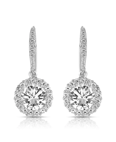 Sterling Silver with White Gold Plated Clear Round Cubic Zirconia Haloed Solitaire Drop Earrings
