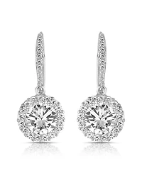 Sterling Silver with White Gold Plated Clear Round Cubic Zirconia Haloed Solitaire Drop Earrings