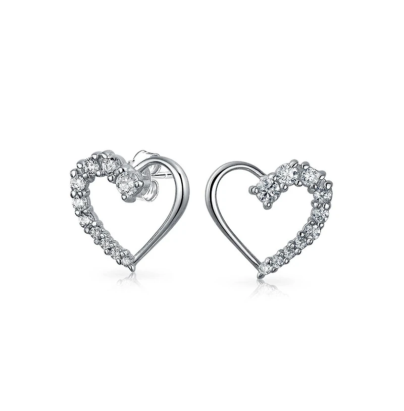 Bling Jewelry Love Is A Journey Cubic Zirconia Pave Cz Open Heart Shaped Stud Earrings Sterling Silver