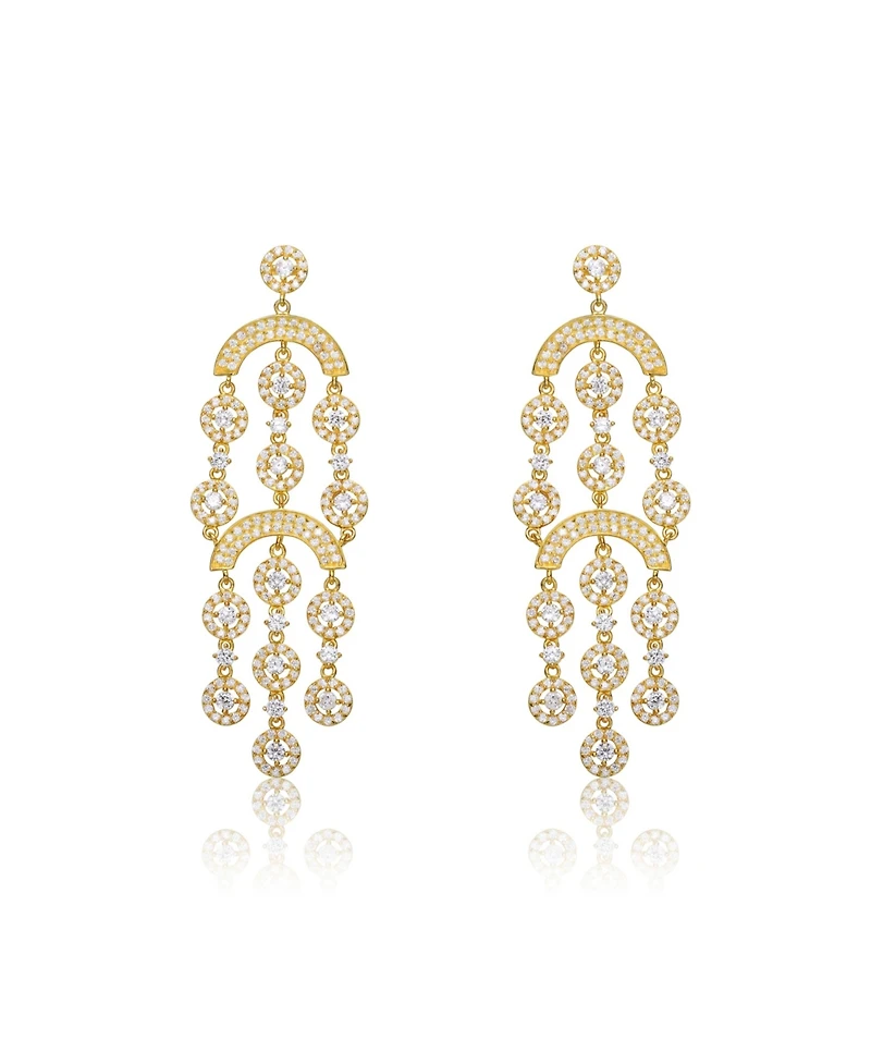 Sterling Silver 14k Yellow Gold Plated with Cubic Zirconia Double Tier Chandelier Vintage Dangle Earrings