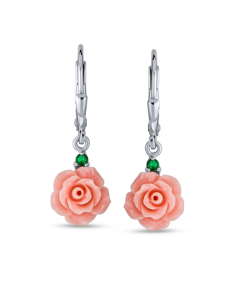 Romantic Delicate Floral Blooming 3D Pink Rose Flower Green Cz Accent Lever back Dangle Earrings For Women Teen .925 Sterling Silver
