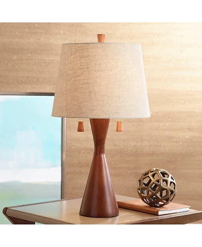 360 Lighting Omar Modern Table Lamp 28 3/4" Tall Warm Brown Wood Hourglass Oatmeal Fabric Drum Shade for Bedroom Living Room Bedside Nightstand O