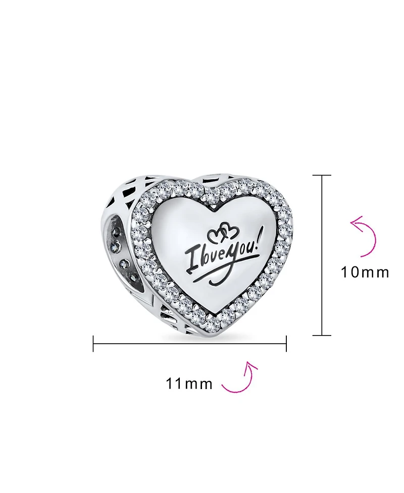 Bling Jewelry Valentine Words "I Love You" Crystal Accent Edge Love Heart Shape Charm Bead Oxidized Sterling Silver Fits European Bracelet