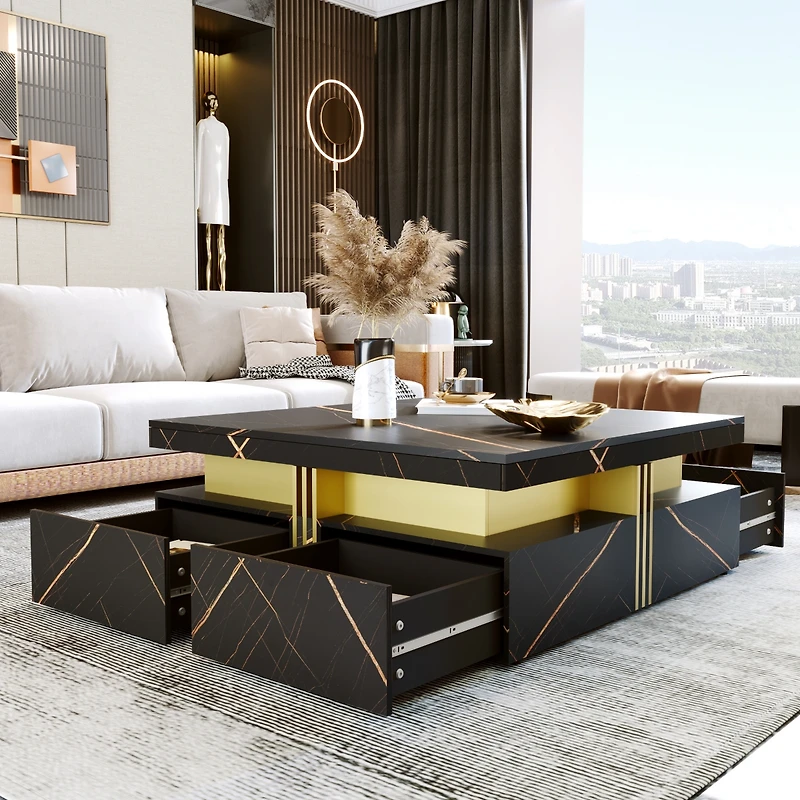 Streamdale Modern Black Square Storage Coffee Table With 4 Drawers