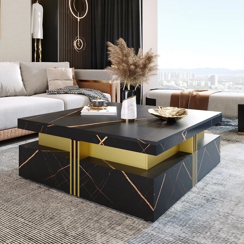 Streamdale Modern Black Square Storage Coffee Table With 4 Drawers