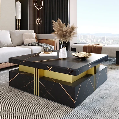 Streamdale Modern Black Square Storage Coffee Table With 4 Drawers