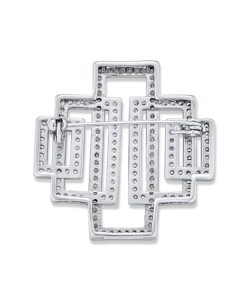 Bling Jewelry Art Deco Large Rectangular Pave Cubic Zirconia Brooch Pin Silver Tone Rhodium Plated Brass