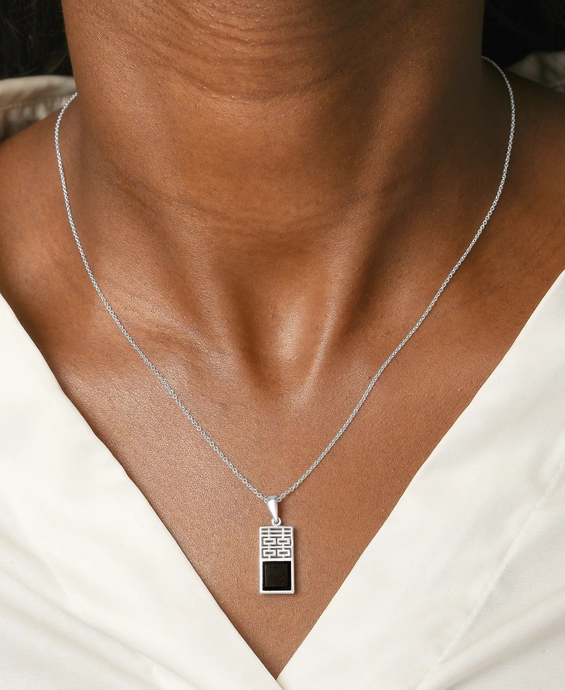 Onyx Happiness Dog Tag 18" Pendant Necklace in Sterling Silver
