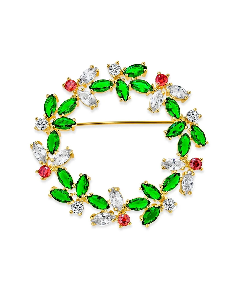 Bling Jewelry Colorful Marquise Cubic Zirconia Cz Green Red White Round Fashion Christmas Holiday Wreath Brooch Pin Gold Plated