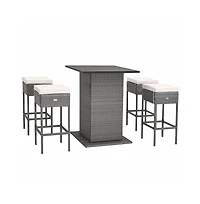 5 Pieces Outdoor Wicker Bar Table Set with Hidden Storage Shelves