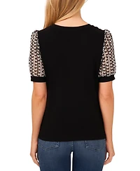 CeCe Women's Crochet Puff-Sleeve Mixed-Media Knit Top