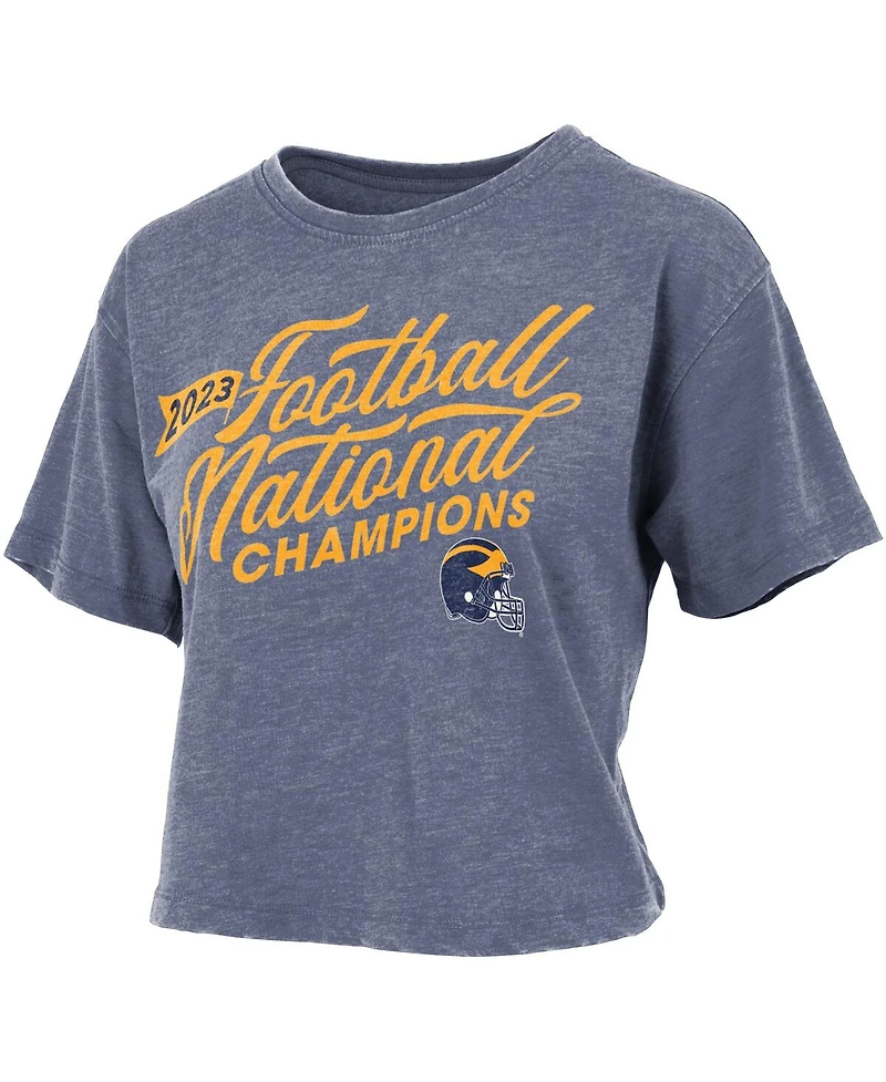 Women's Pressbox Navy Distressed Michigan Wolverines College Football Playoff 2023 National Champions Vintage-Like Waist-Length T-shirt