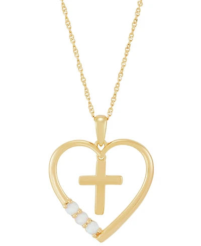Lab-Grown Opal Cross in Heart 18" Pendant Necklace (1/8 ct. t.w.) in 14k Gold-Plated Sterling Silver