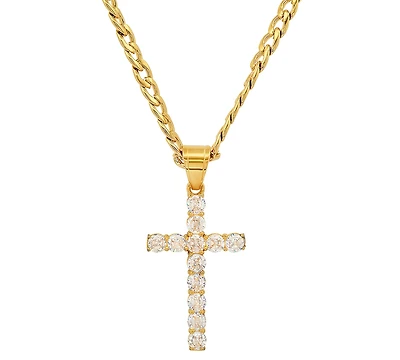 Steeltime Men's Stainless Steel Crystal Cross 24" Pendant Necklace