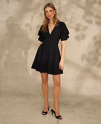 1.state Women's V-Neck Tiered Bubble Puff Sleeve Mini Dress