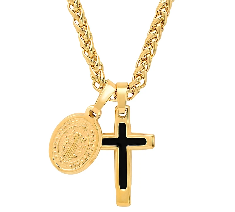 Steeltime Men's Cross & St. Benedict Pendant Necklace, 24"