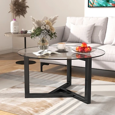 Simplie Fun Round Glass Coffee Table Modern Cocktail Table Easy Assembly With Tempered Glass Top & Sturdy
