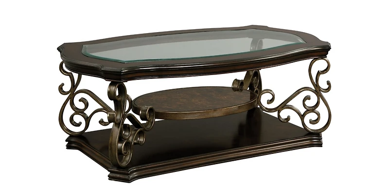 Cocktail Table, Glass table top, Mdf W/marble paper middle shelf, powder coat finish metal legs. (52"Lx32"Wx20"H)