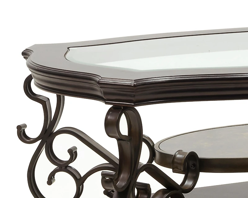 Cocktail Table, Glass table top, Mdf W/marble paper middle shelf, powder coat finish metal legs. (52"Lx32"Wx20"H)