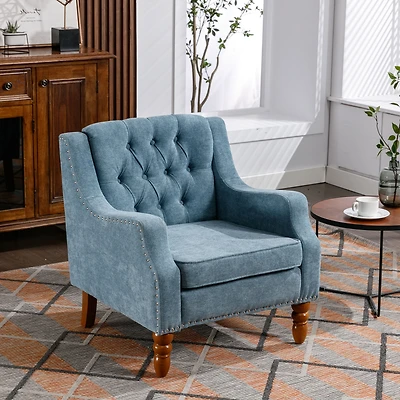 Blue Accent Chair, Living Room Chair, Footrest Chair Set with Vintage like Brass Studs, Button Tufted Upholstered Armchair for Living Room, Comfy Read