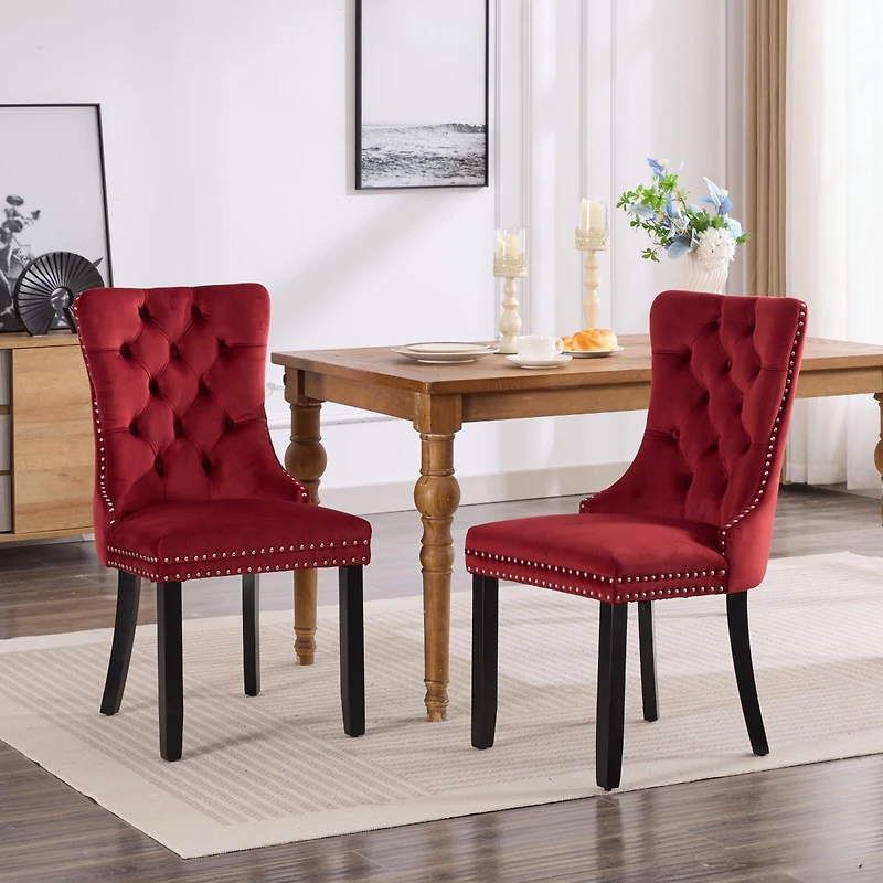 Classic Velvet Dining Chairs, High-end Tufted Solid Wood Contemporary Velvet Upholstered Dining Chair with Wood Legs Nailhead, Set Of 2,Burgundy, Wine