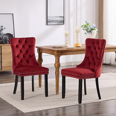 Classic Velvet Dining Chairs, High-end Tufted Solid Wood Contemporary Velvet Upholstered Dining Chair with Wood Legs Nailhead, Set Of 2,Burgundy, Wine