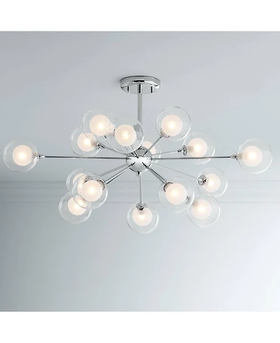 Modern Ceiling Light Semi Flush Mount Fixture Chrome 30.75" Wide 15-Light Sputnik Style Double Clear Frosted Glass for Bedroom Kitchen Living Roo