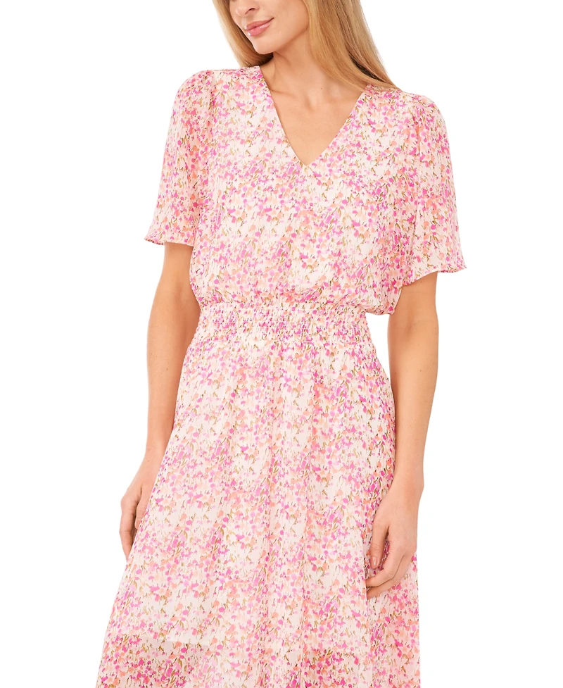 CeCe Women's Ditsy Floral Smocked-Waist Flutter-Sleeve Maxi Dress