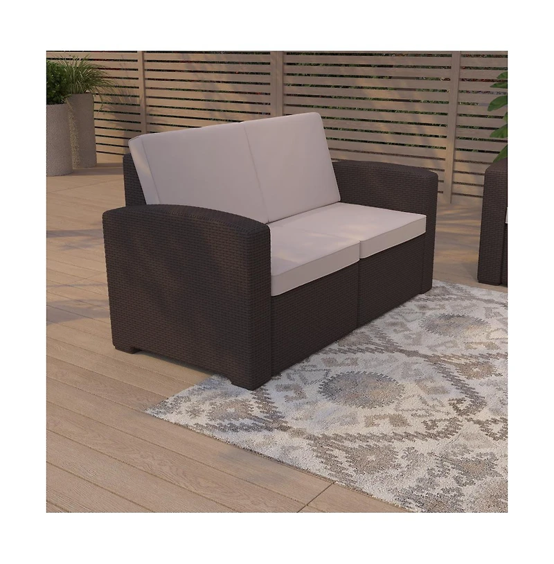 Malmok Outdoor Furniture Resin Loveseat Faux Rattan Wicker Pattern 2-Seat Loveseat With All-Weather Cushions