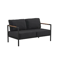 Eastport Outdoor Loveseat With Removable Plush Fabric Cushions And Teak Accented Aluminum Frame