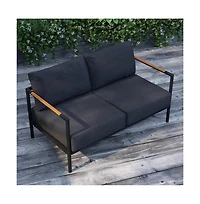 Eastport Outdoor Loveseat With Removable Plush Fabric Cushions And Teak Accented Aluminum Frame