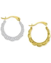 Crystal Pave Scallop Edge Small Hoop Earrings in 10k Gold, 0.59"