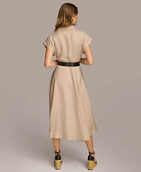 Donna Karan New York Women's Button-Front Short-Sleeve Midi Belted Dress