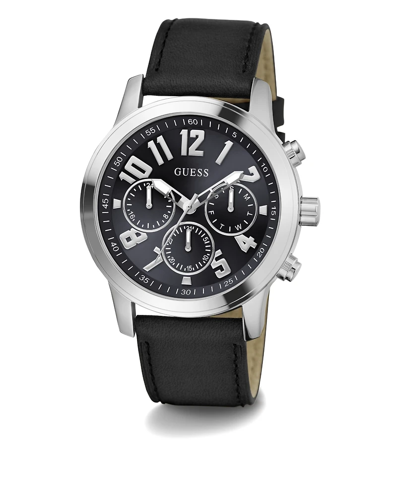 Guess Men's Analog Black Genuine Leather Watch 44mm