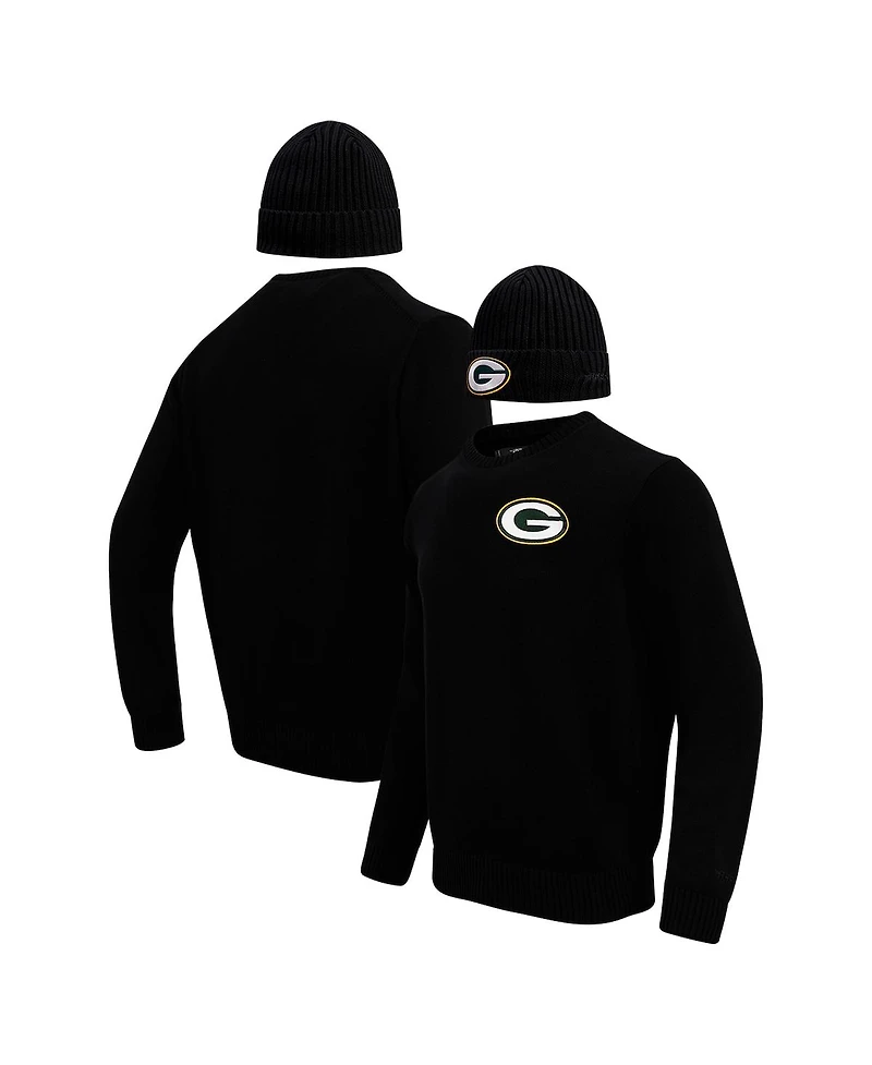 Men's Pro Standard Black Green Bay Packers Crewneck Pullover Sweater and Cuffed Knit Hat Box Gift Set
