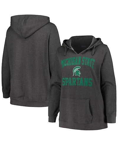 Women's Champion Heather Charcoal Michigan State Spartans Plus Heart & Soul Notch Neck Pullover Hoodie