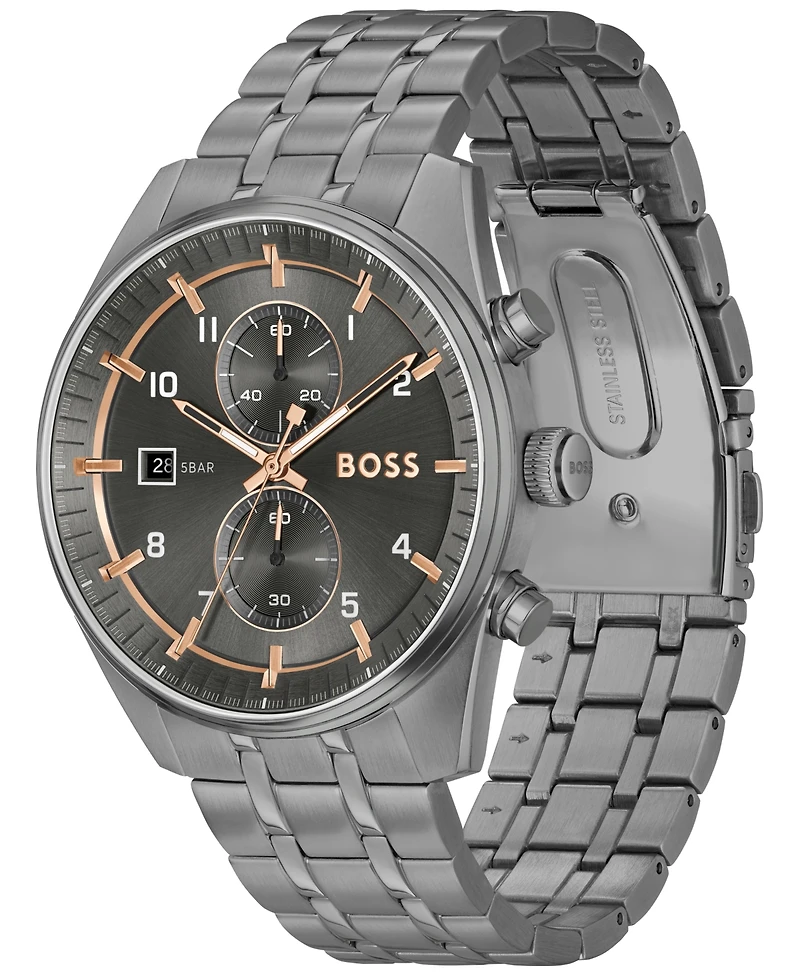 Hugo Boss Men's Skytraveller Quartz Fashion Chrono Ionic Plated Gray Steel Watch 44mm