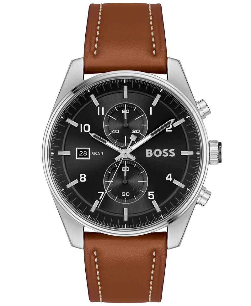 Hugo Boss Men's Skytraveller Quartz Fashion Chrono Leather Watch 44mm