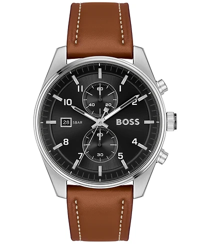 Hugo Boss Men's Skytraveller Quartz Fashion Chrono Leather Watch 44mm