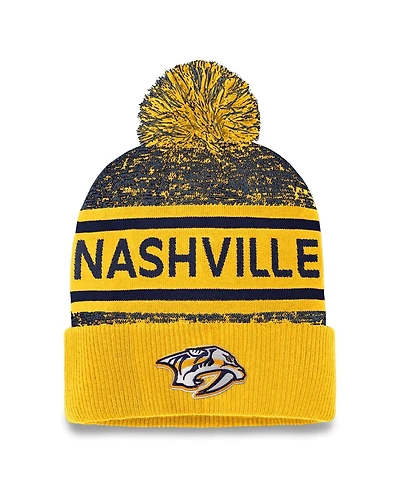 Men's Fanatics Gold, Navy Nashville Predators Authentic Pro Cuffed Knit Hat with Pom
